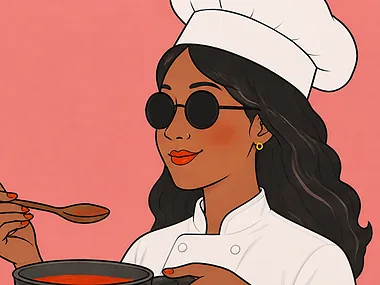 Illustration of Melissa in chef whites, tasting from a wooden spoon
